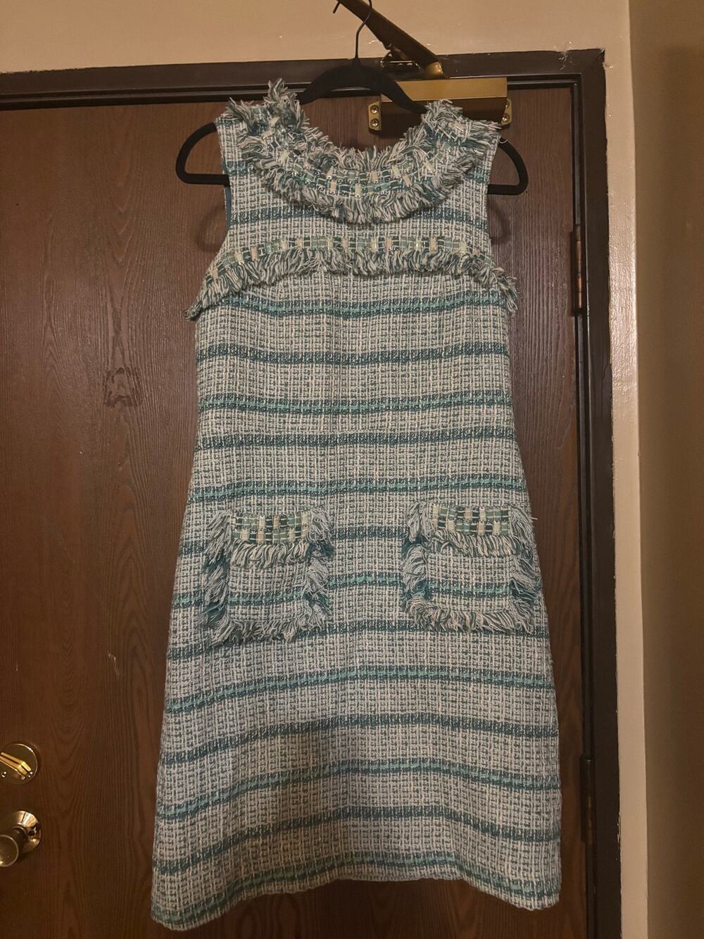 Tory Burch Green and White Tweed Fall Preppy Shift Sleeveless Beaded Dress.